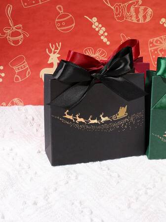 10pcs Christmas Paper Gift Bags With Bow, Pink Favor Bags With Gold Foil Santa Sleigh Reindeer Print, Elegant Candy Cookie Packaging Bags For Holiday Party Wedding Return Gifts, Small Gift Bag For Chocolate, Treats, Jewelry, Kids Birthday Or Xmas Celebration Supplies