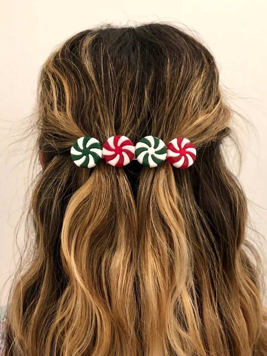 1pc/4pcs Women's Fashion Elegant Christmas Candy Decor Colorful Christmas Candy Pinwheel Lollipop Red White Green Black Red Hairclips, Suitable For Christmas Party Decoration And Wear, Hair Slide, Hair Barrettes