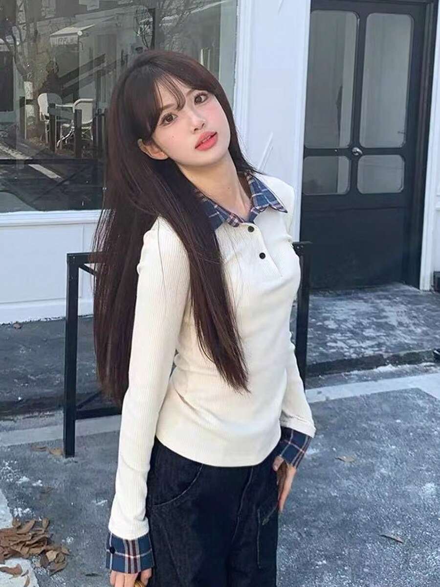 女式 Polo 领二合一格子拼接长袖 T 恤，时尚修身设计 - 白色 - 查看 1