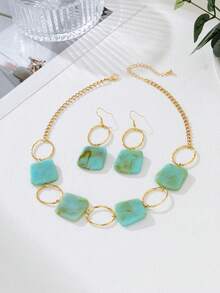 Set de 3 piezas de joyas elegantes con aretes y collar de círculo de resina de colores, regalo para mujeres