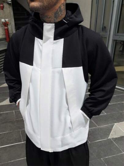 1pc Men's Black & White Contrast Splice Hooded Jacket, Suitable For Daily Outings And Light Outdoor Commuting, Autumn/Winter Coat