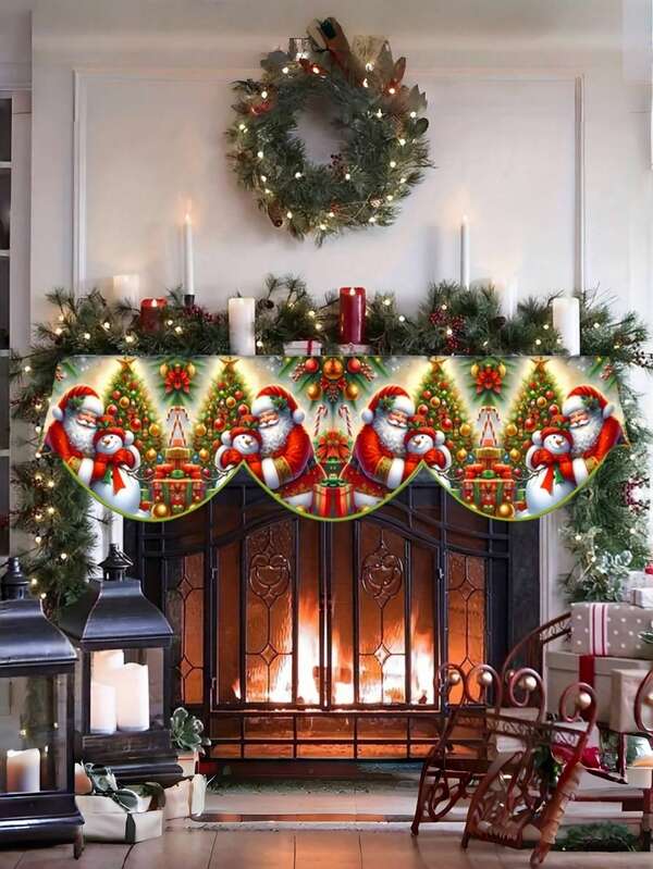 1pc Christmas Fireplace Scarf Decoration - Red And Gold Holiday Decoration With Bell, Pine Branch Pattern - Polyester Fiber Fireplace Cover, Flame Table Cover, Table Runway, Window Decoration - Easy To Hang On Fireplace Doors, Living Rooms, Party Decorations - Festive Atmosphere Decoration, Home Holiday Decoration, Bell And Butterfly Design, Easy To Care For Materials Home Decor Christmas Decorations Room Decor