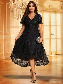 Elegant Embroidered Short Sleeve Asymmetric Hem Midi Black Formal Dress Wedding Guest Gown Bridesmaid Dress For Summer Party