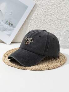 1pc Women's Leopard Print Heart Graphic Outdoor Sports Washed Vintage Stylish Beach Travel Adjustable Soft Top No-Support Baseball Cap, Suitable For Daily Wear - Multicolor - View 2