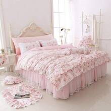 Romantic Roses Print Duvet Cover Set With Bed Skirt Pink Lace Ruffle Floral Shabby Chic King 4 Piece Bedding Set - 粉色 - 查看 1