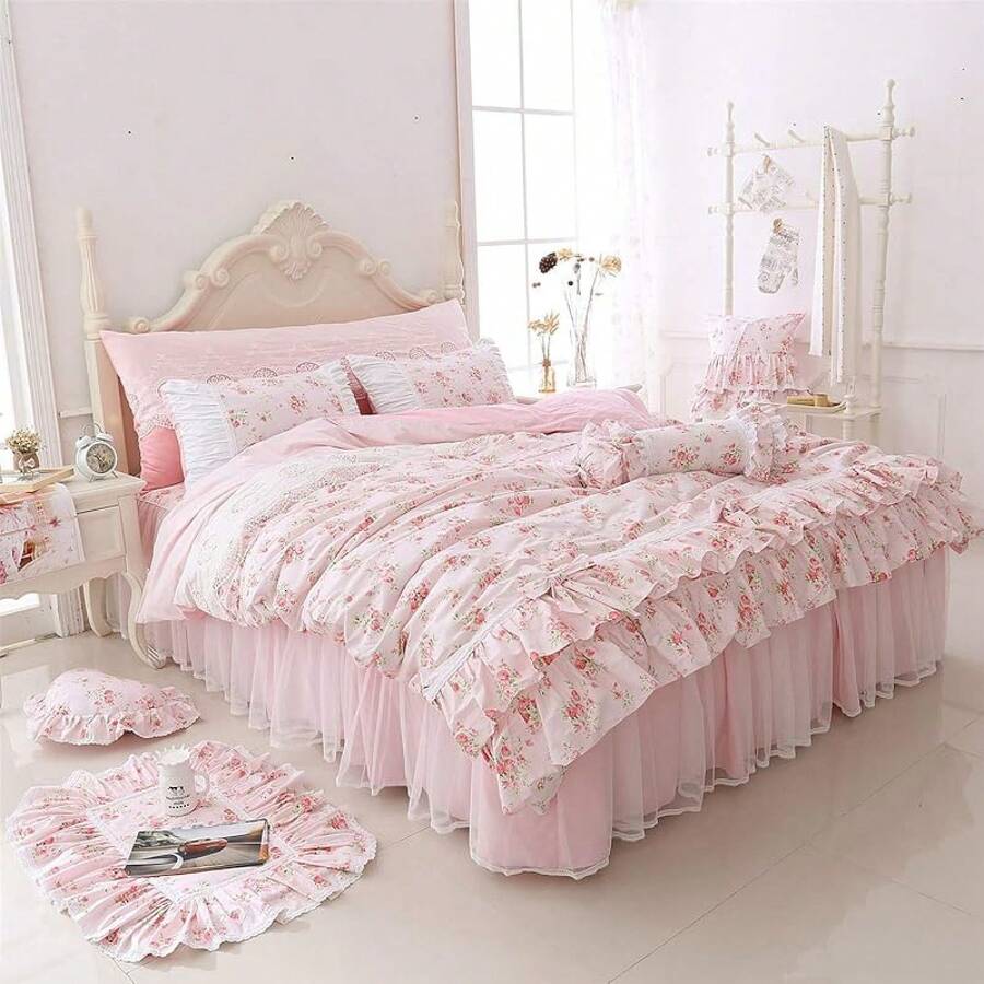 Romantic Roses Print Duvet Cover Set With Bed Skirt Pink Lace Ruffle Floral Shabby Chic King 4 Piece Bedding Set - 粉色 - 查看 1