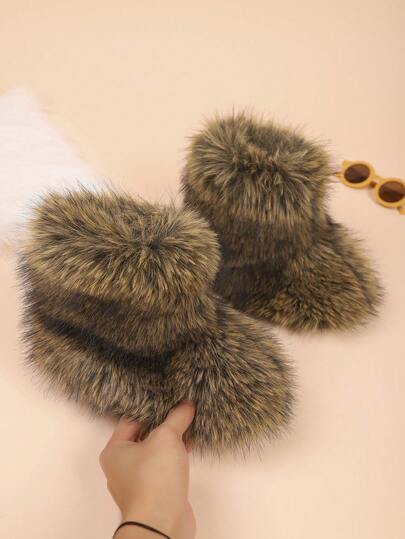 1 Pair Girls Comfortable Warm Cute Furry Mid-Calf Boots, Suitable For Winter
