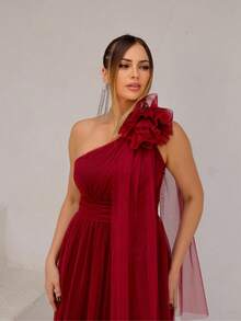 Long One-Shoulder Dress With Glittery Flower - Redwood - View 5
