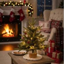 Mini Christmas Tree,Handcrafted Small Christmas Tree With Warm LED Glow Christmas Tree - Burlap Bows, Pinecone And "Merry Christmas" Sign Home Decor,Christmas Decorations(No Batteries)