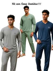 Kit With 2 Men's Winter Pajamas With Pants 1 Long Sleeve + 1 Short Sleeve Adult In Premium Mesh Assorted Colors - Nhiều màu - Xem 2