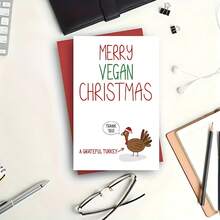 1pc Merry Vegan Christmas Card – Funny Turkey Greeting With Santa Hat, Festive Red & Green Design, Perfect For Family & Friends - Multicolor - View 4