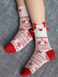 6 双女士圣诞老人、雪人、驯鹿红色圣诞中筒袜，适合圣诞节装扮 - 紅色 - 查看 5