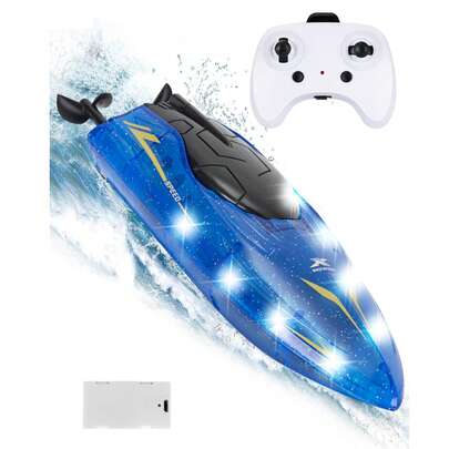 1pc Remote Control Boat With LED Lights, 2.4GHz RC Racing Boat Suitable For 8-12 Years Old, 10km/H High Speed Remote Control Speedboat, Waterproof Design For Pool & Lake, Rechargeable Battery, Summer Water Toy Gift For 3-12 Years Old Boys & Girls, Suitable For Christmas, Halloween, Easter, New Year, Birthday