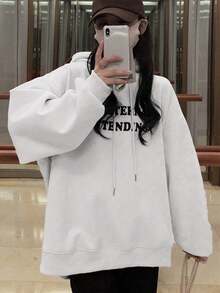 女士休闲纯色圆领长袖套头衫，街头服饰 - 白色 - 查看 2