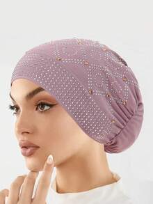 1pc Fashionable Crystal Embellished Linen Headscarf/Hijab Cap For Women, Muslim Underscarf Headwear