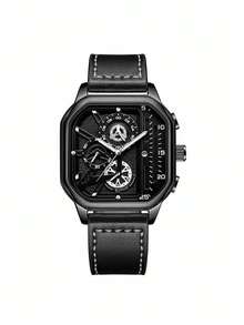 1PC|Men Fashionable And Handsome Quartz Watch, Square Dial, PU Leather Strap, With Calendar. Suitable For Daily Wear, Wear It At Work. A Gift For Boyfriend. (This Box Is Just A Display)