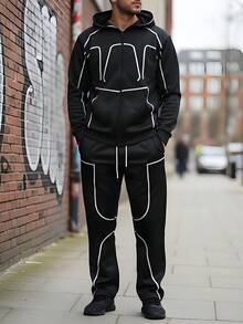 1 Conjunto de Sudadera con Capucha y Pantalón de Chándal Casual y Deportivo para Hombre, Primavera/Otoño, Raya Blanca y Estampado Digital, Chaqueta y Pantalón Negros