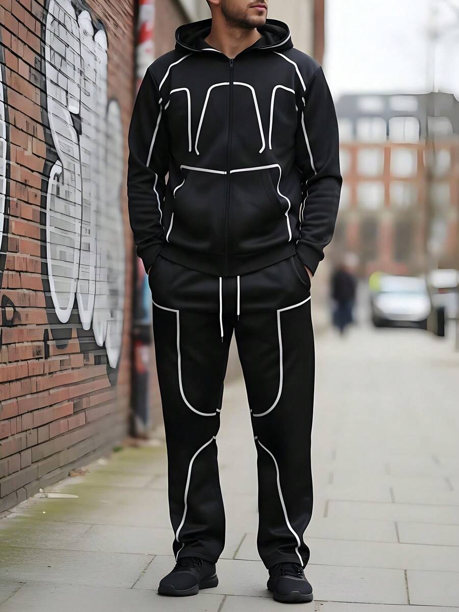 1 Conjunto de Sudadera con Capucha y Pantalón de Chándal Casual y Deportivo para Hombre, Primavera/Otoño, Raya Blanca y Estampado Digital, Chaqueta y Pantalón Negros