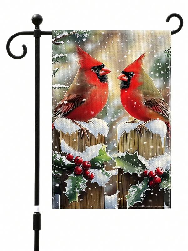1 قطعة علم حديقة ثنائي الوجه مقاوم للماء من الكتان الخشن بتصميم طائر الكاردينال الأحمر والثلج، مقاس 11.8 * 17.7 بوصة - ديكور شتوي خارجي (عمود العلم غير مشمول)