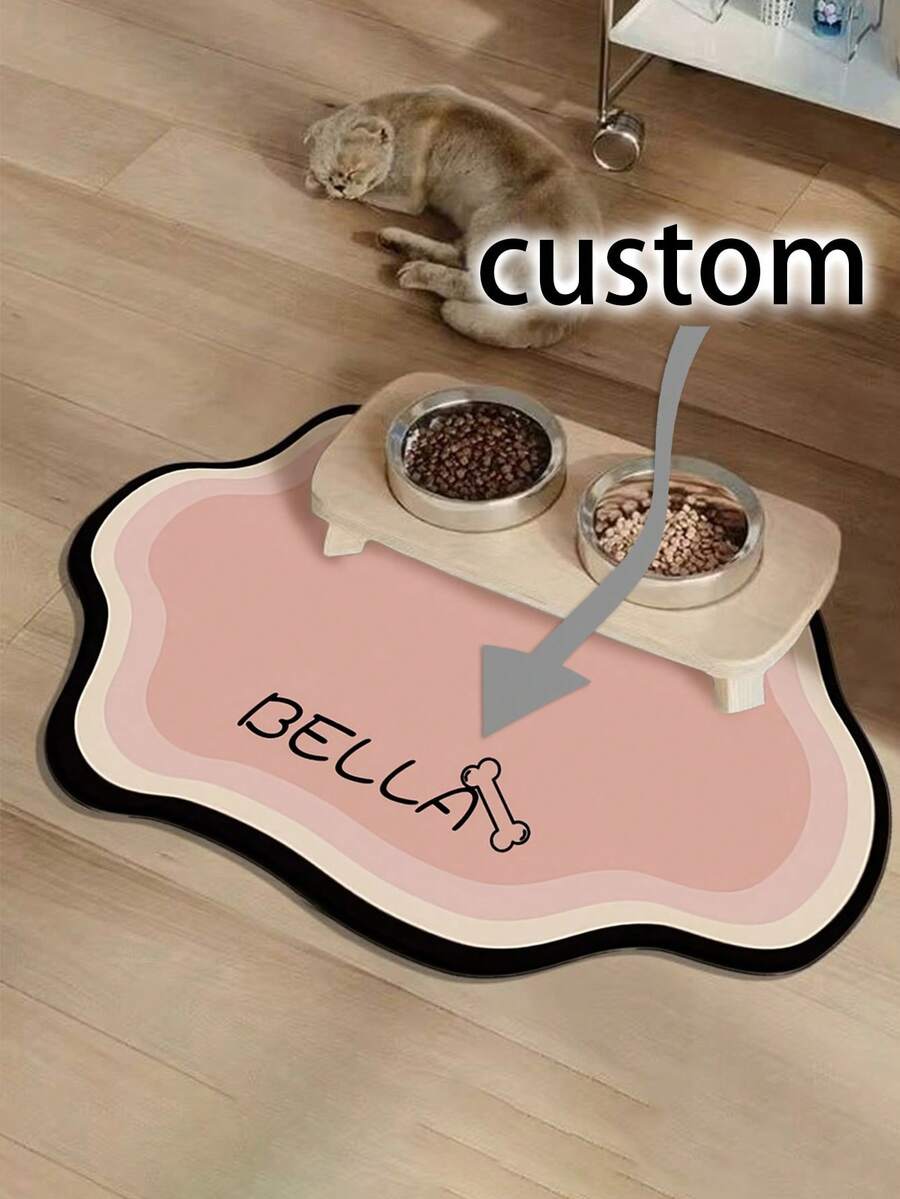 Tapis de nourriture pour animaux de compagnie antidérapant personnalisé, convenant aux chiens et aux chats, séchage rapide et absorbant, avec un nom personnalisé, design de style nordique, tapis de nourriture pour animaux de compagnie durable - Multicolore - Voir 1