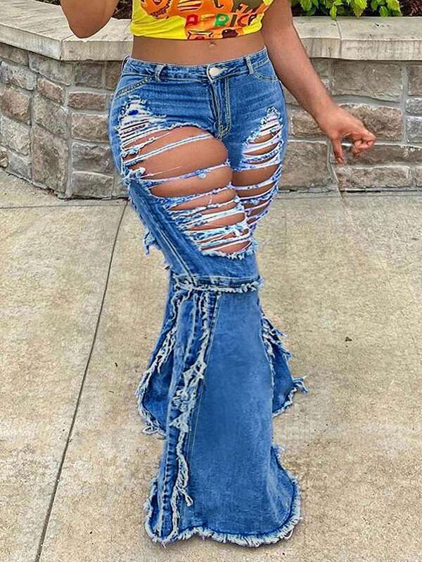 Plus-Size Women's Street Fashion Washed And Ripped Denim Flared Pants, Plus-Size Women's Halloween Costumes And Fashionable Outfits For Autumn And Winter