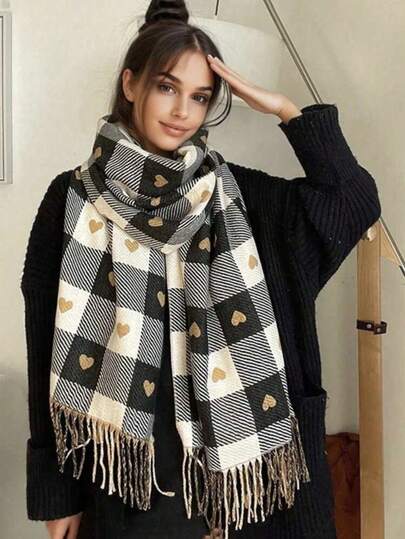 1pc Women's Autumn/Winter Heart-Shaped Scarf, Plaid Warm Scarf/Shawl, Thick Oversized Blanket Scarf, Suitable As Gift For Dress