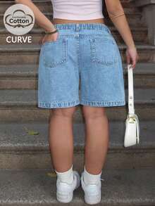 Women's Light Blue Plus Size Washed Denim Bermuda Shorts - Minimalist Solid Casual Street Style Summer Bottoms - Light Wash - View 6