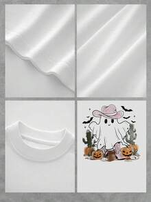 Linda camiseta gráfica de fantasma con sombrero de vaquero y botas para mujer, camiseta de temporada espeluznante inspirada en Halloween, camiseta estampada informal de moda con arte de cactus y calabazas, corte clásico de tela suave, perfecta para el otoño. - Blanco - Ver 4