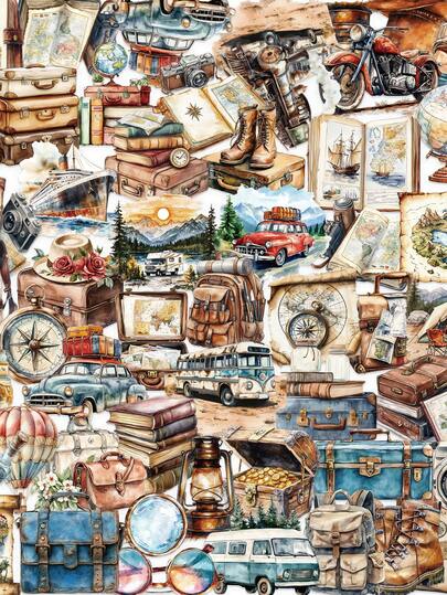 50pcs Vintage Travel Stickers Creative Cartoon Funny Decoration Hand Account Mobile Phone Case Notebook Tablet Sticker Skateboard Guitar Party Luggage Box Packaging Box Helmet Envelope Transparent Sticker