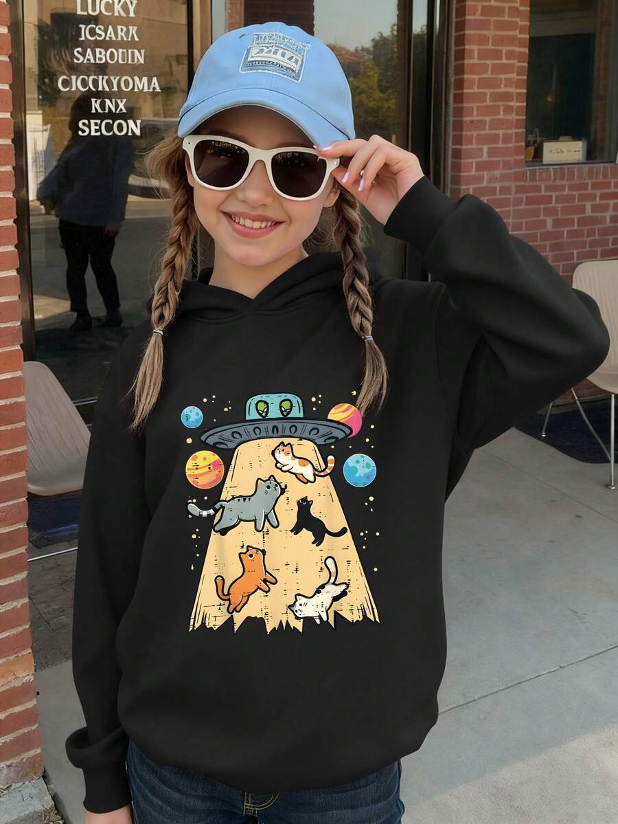 可爱猫咪图案连帽卫衣,俏皮长袖卫衣,秋冬季学生女生服装 - 黑色 - 查看 1