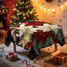 1/20pcs Christmas Tablecloth, Luxurious Red White Floral And Red Christmas Berries Patterned Tablecloth, Christmas Atmosphere Decoration, Vibrant Dining Table Arrangement For Kitchen, Dining Table, Festive Party, Outdoor Picnic - Multicolor - View 11