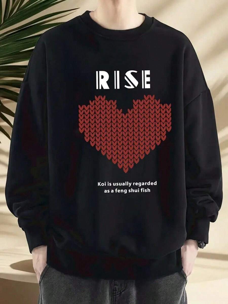 RISE Men'S Cozy Fleece-Lined Sweatshirt - Navy Blue With Red Heart & Fish Print, RISE Graphic, Long Sleeve, Round Neck, Warm & Casual Streetwear For Fall-Winter,Fall Hoodies,Men's Fall Clothes,Street Wear,Halloween,Mens Hoodies,Y2k Clothes,Jesus Hoodie,Thanksgiving Day,Nightmare Before Christmas,Christmas - Black - View 1