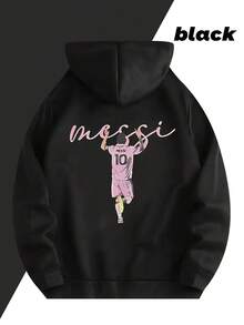 Men's Soccer Graphic Print Hooded Sweatshirt - Bright Pink With Messi Action Design & Number 10 Jersey,  Pocket, Drawstring Hood, Casual Sporty Pullover For Soccer Fans, Machine Washable All-Season Comfort - 黑色 - 查看 2