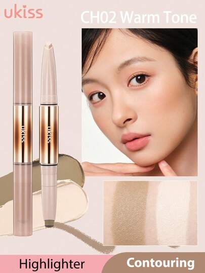 ukiss Embout double Contouring et Highlighter, Bâton de Contouring et Highlighter, Léger et hydratant, Couvrance totale, Contouring et Mise en valeur précis, Longue tenue, Dissimule, Ombre, Couvre, Hydrate, Met en valeur, Sable clair