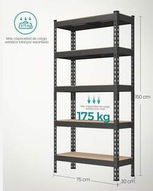 Estantería de 5 Niveles, Estantería de Almacenamiento, Montaje sin Tornillos, Estantes Ajustables, 30 x 75 x 150 cm, Carga de 875 kg, para Garaje, Cobertizo, Bodega, Negro - Negro - Ver 6