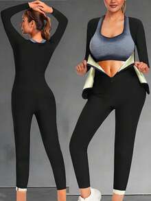 3in1 Sauna Sweat Suit Sports Waist Trainer For Women Tummy Control, Full Body Long Sleeve Shapewear Pants Waistband Leggings Corset BodySuit Jumpsuit Workout Women Sets
