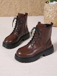 女士保暖内衬冬季靴，黑色和棕色厚底工装靴，带毛绒内衬，侧拉链系带真皮厚底靴，秋冬季 - 棕色 - 查看 6