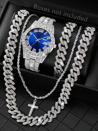 4pcs Men's Rhinestone Strap Fashionable Casual Gorgeous Business Roman Letter Scale With Calendar Function Large Dial Quartz Watch Hip-Hop Bracelet Necklace Jewelry Set Suitable For Daily Wear Decoration And Holiday Gift Giving