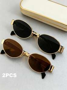 2pcs Copper Geometric Full Frame Decoration Classic Vintage Ins Style Never Outdated Women Fashion Glasses For Summer Back To School Driving Boating Daily Life Musical Festival Holiday Gift Suitable For All Face Shapes Appointment Outfits - 2 chiếc trà vàng xám vàng kết hợp - Xem 6