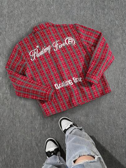 Teenage Boys' Y2K Style Graffiti Print Plaid Shirt, High Street Fashion Short Sleeve Button-Down Collared Shirt