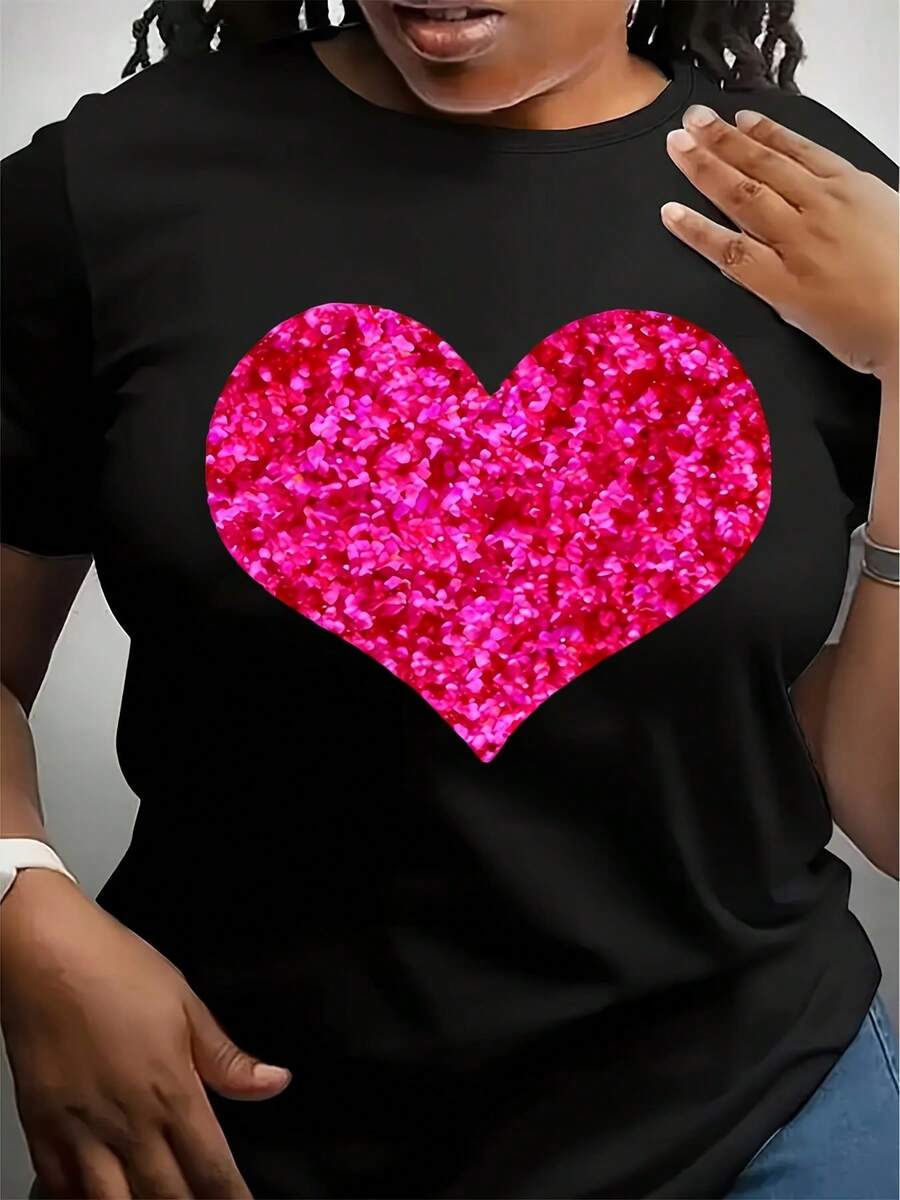 Imitation Sequin Pink Heart Pattern Printed T-Shirt Short Sleeve Round Neck Casual Top Suitable For Summer And Spring Women's Clothing, This Product Is Designed As A Printed Pattern, The Rhinestone Sequins Are Only For Visual Effect - 黑色 - 查看 1