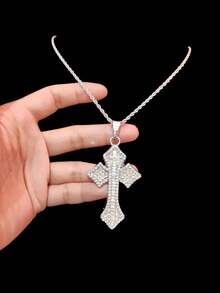 1pc Fashion Creative Cross Shaped Pendant With 13mm Miami Cuban Chain, Men's Hip Hop Rock Street Style Cross Pendant Necklace, Punk Necklace Suitable For Daily Wear Or Party, Valentine's Day Gift, 2 Chain Options - Silver - View 8