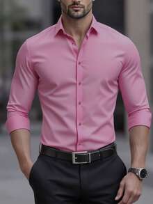 Men's Solid Color Formal Shirt With Button Design, Long Sleeve, Fall - Baby Pink - View 4