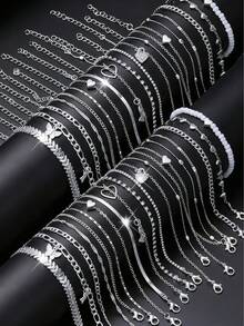 38pcs/19pcs/7pcs Set Women Elegant Vacation Style Hollow Butterfly & Heart Pendant Silver Anklet Set, Fashionable Jewelry For Girls Daily, Beach, Vacation - Silver 2 - View 3