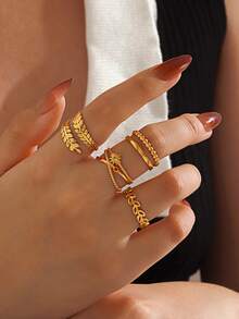 4pcs 18K Gold Plated Stainless Steel Adjustable Rings Set, Minimalist Geometric Leaf & Sun Design, Fashionable Jewelry For Women, Suitable For Daily Wear, Gifts, Dates, Parties, Outings