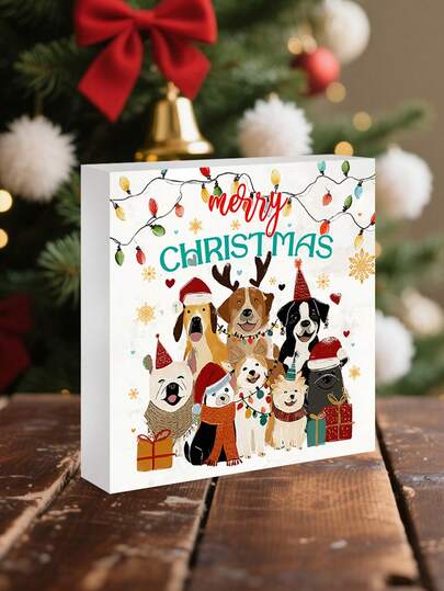 1 Piece Christmas Cute Pet Theme Square Pvc Desktop Ornament Sign, Multiple Christmas Dogs & "Merry Christmas" Design, Christmas Gifts, Decoration, Suitable For Home, Party, Pet Shops, Desktop Decoration