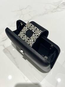 1pc Black Elegant Crystal Decor Small Clutch Bag, Open Top Magnetic Closure Metal Chain Strap, Fashion Classy Handbag Suitable For Evening Formal Occasions, Parties, Weddings, Gifts For Women