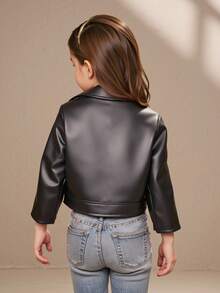 SHEIN Áo khoác xe máy tay dài đơn sắc bằng da PU có khóa kéo phía trước cho bé gái, thích hợp đi học, dự tiệc và đi chơi - màu đen - Xem 3