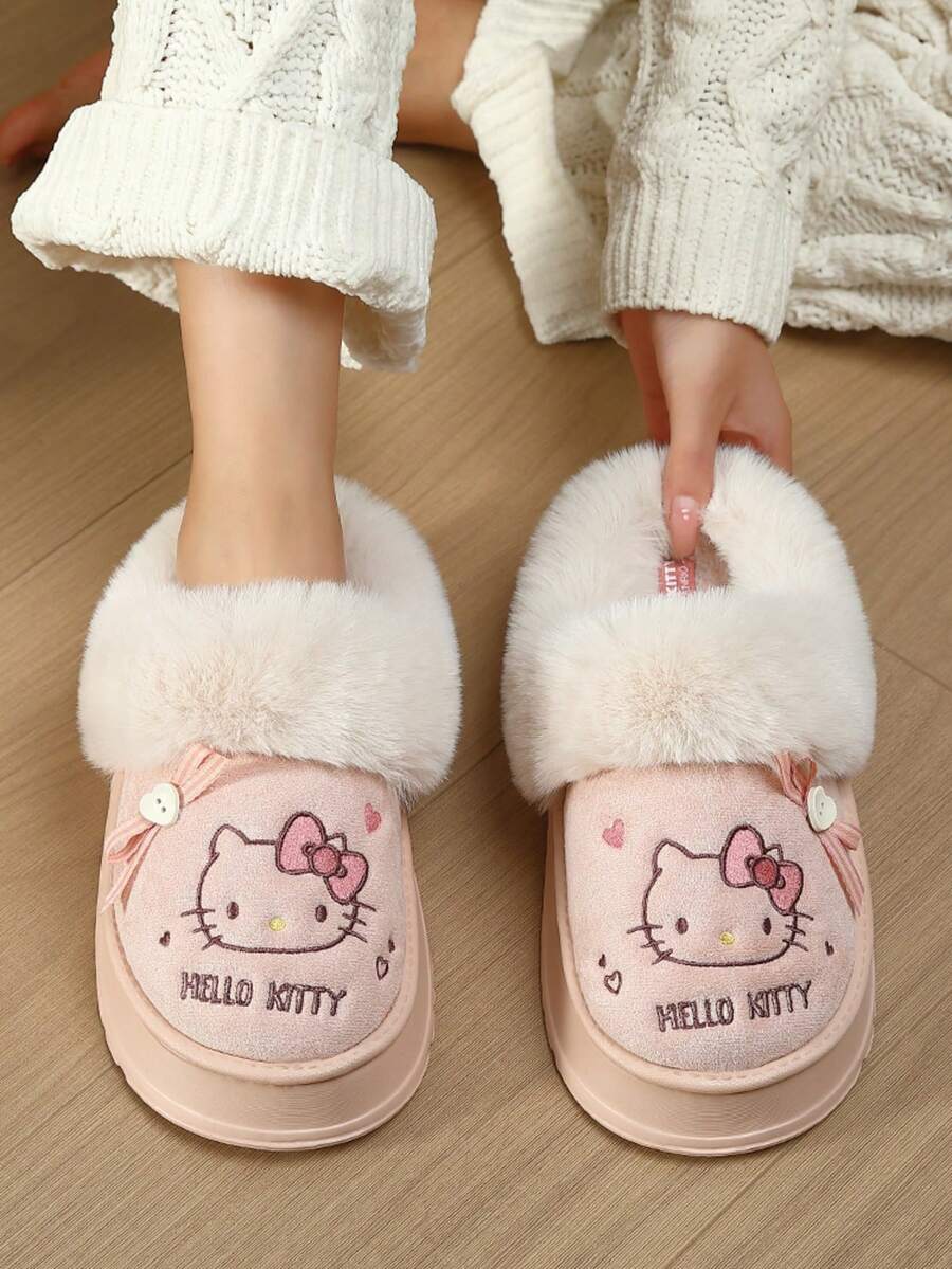 SANRIO 2025冬季新款毛绒拖鞋，3D豹纹蝴蝶结加厚柔软内里 - 优雅公主拖鞋，派对拖鞋，升级静音鞋底，保暖舒适，家居拖鞋 - 透气无异味，女士拖鞋，情侣拖鞋，粉色/棕色（尺码偏小）