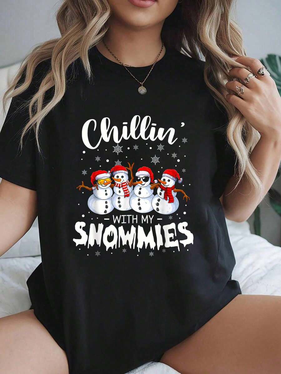 Christmas Outfit Women, Snowman Christmas Costume Chillin With My Snowmies T-Shirt, Christmas Clothes For Women - màu đen - Xem 1